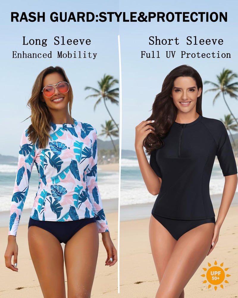 Daci Women Pink Blue 2 Piece Rash Guard Long Sleeve Zipper Bathing Suit with Bottom Built in Bra Swimsuit UPF 50 XXL - Image 4